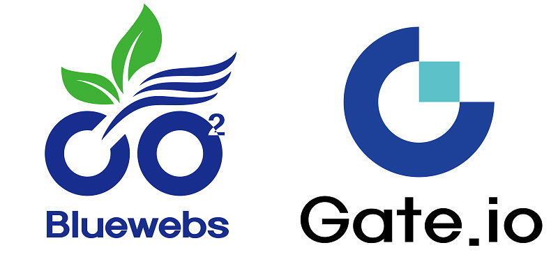 앱 개발 전문기업 블루웹스(Bluewebs)와 글로벌 암호화폐 거래소 Gate.io(게이트아이오) 로고
